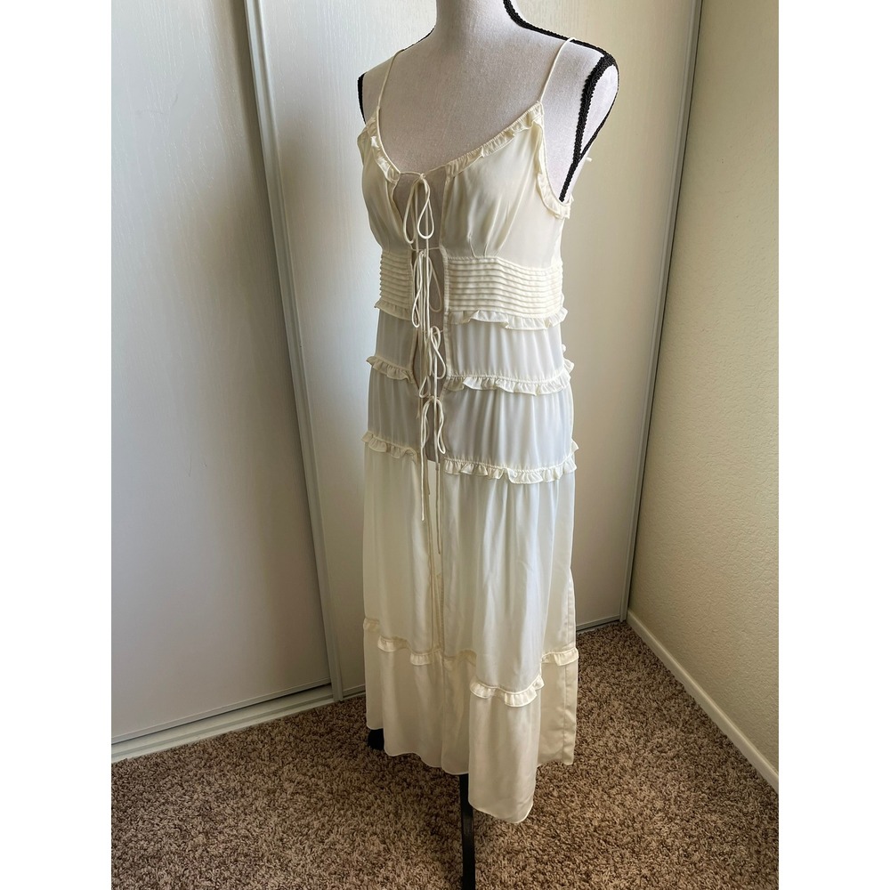 OAK + FORT Cream Ruffle Tiered Maxi Dress XXS Tie Front Coquette Cottagecore - Picture 5 of 14